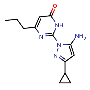 Chemical structure of 2-(5-amino-3-cyclopropyl-1H-pyrazol-1-yl)-6-propyl-3,4-dihydropyrimidin-4-one , CAS 1207026-00-3, AChemBlock AD250664
