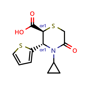 Chemical structure of trans-4-cyclopropyl-5-oxo-3-(thiophen-2-yl)thiomorpholine-2-carboxylic acid , CAS 1802662-47-0, AChemBlock AD250665
