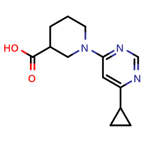 Chemical structure of 1-(6-cyclopropylpyrimidin-4-yl)piperidine-3-carboxylic acid , CAS 1707566-41-3, AChemBlock AD250718