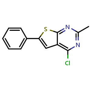 Chemical structure of 4-chloro-2-methyl-6-phenylthieno[2,3-d]pyrimidine , CAS 125660-99-3, AChemBlock AD250737