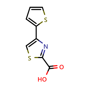 Chemical structure of 4-(thiophen-2-yl)thiazole-2-carboxylic acid , CAS 847956-14-3, AChemBlock AD250776