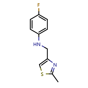 Chemical structure of 4-fluoro-N-[(2-methyl-1,3-thiazol-4-yl)methyl]aniline , CAS 1042790-42-0, AChemBlock AD250787
