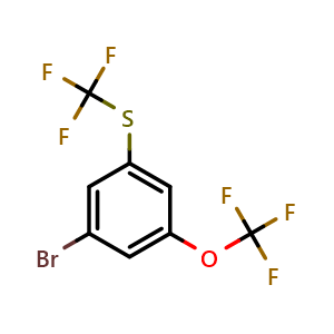 Chemical structure of 1-bromo-3-(trifluoromethoxy)-5-[(trifluoromethyl)sulfanyl]benzene , CAS 1124152-85-7, AChemBlock AD250796