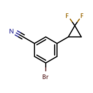 Chemical structure of 3-bromo-5-(2,2-difluorocyclopropyl)benzonitrile , CAS 2413374-02-2, AChemBlock AD250843