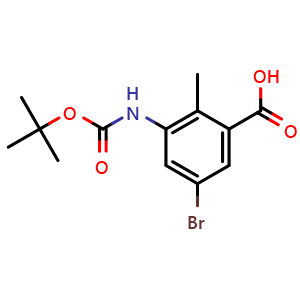 Chemical structure of 5-Bromo-3-((tert-Butoxycarbonyl)amino)-2-methylbenzoic acid , CAS 2580234-40-6, AChemBlock AD250864