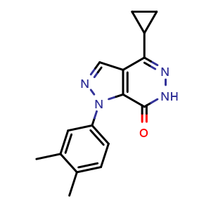 Chemical structure of 4-cyclopropyl-1-(3,4-dimethylphenyl)-1,6-dihydro-7H-pyrazolo[3,4-d]pyridazin-7-one , CAS 1105197-29-2, AChemBlock AD250869