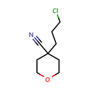 Chemical structure of 4-(3-chloropropyl)tetrahydropyran-4-carbonitrile , CAS 869591-58-2, AChemBlock AD250909