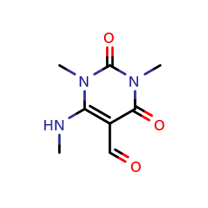 Chemical structure of 1,3-dimethyl-6-(methylamino)-2,4-dioxo-1,2,3,4-tetrahydropyrimidine-5-carbaldehyde , CAS 89549-92-8, AChemBlock AD251003