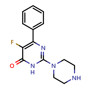 Chemical structure of 5-Fluoro-6-phenyl-2-(piperazin-1-yl)-3,4-dihydropyrimidin-4-one , CAS 2549027-11-2, AChemBlock AD251012
