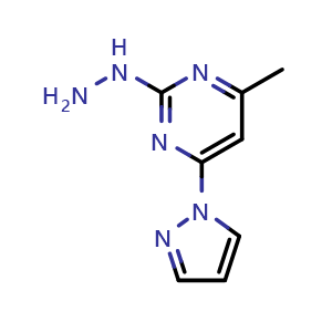 Chemical structure of 2-Hydrazinyl-4-methyl-6-(1H-pyrazol-1-yl)pyrimidine , CAS 1537190-57-0, AChemBlock AD251016