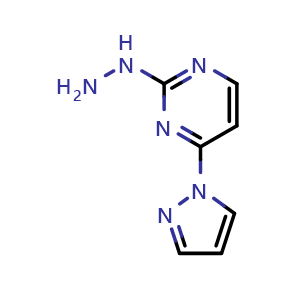 Chemical structure of 2-Hydrazinyl-4-(1H-pyrazol-1-yl)pyrimidine , CAS 1514318-15-0, AChemBlock AD251017