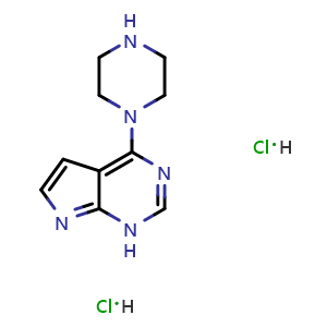Chemical structure of 1-{1H-pyrrolo[2,3-d]pyrimidin-4-yl}piperazine dihydrochloride , CAS 853680-06-5, AChemBlock AD251146