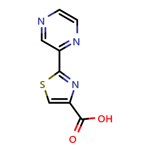 Chemical structure of 2-pyrazin-2-yl-1,3-thiazole-4-carboxylic acid , CAS 115311-44-9, AChemBlock AD251172