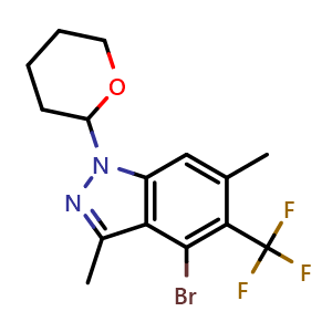 Chemical structure of 4-bromo-3,6-dimethyl-1-(oxan-2-yl)-5-(trifluoromethyl)-1H-indazole , CAS 2852766-90-4, AChemBlock AD251258