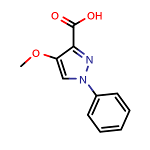 Chemical structure of 4-methoxy-1-phenyl-1H-pyrazole-3-carboxylic acid , CAS 956436-97-8, AChemBlock AD251302