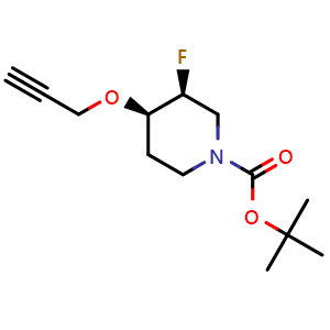 Chemical structure of tert-Butyl (3S,4R)-3-fluoro-4-prop-2-ynoxy-piperidine-1-carboxylate , CAS 2785397-25-1, AChemBlock AD251327