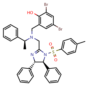 Chemical structure of 2,4-Dibromo-6-[[[[(4S,5S)-4,5-dihydro-4,5-diphenyl-1-tosyl-1H-imidazol-2-yl]methyl][(S)-1-phenylethyl]amino]methyl]phenol , CAS 1009582-56-2, AChemBlock AD251359