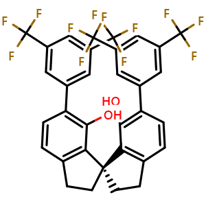 Chemical structure of (1R)-6,6'-Bis[3,5-bis(trifluoromethyl)phenyl]-2,2',3,3'-tetrahydro-1,1'-spirobi[1H-indene]-7,7'-diol , CAS 1286189-16-9, AChemBlock AD251366