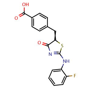 Chemical structure of 4-[[2-[(2-Fluorophenyl)amino]-4-oxo-5(4H)-thiazolylidene]methyl]benzoic acid , CAS 494191-73-0, AChemBlock AD251459