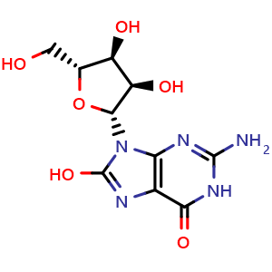 Chemical structure of 8-Hydroxyguanosine , CAS 3868-31-3, AChemBlock AD251523