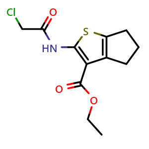 Chemical structure of ethyl 2-(2-chloroacetamido)-5,6-dihydro-4H-cyclopenta[b]thiophene-3-carboxylate , CAS 203385-15-3, AChemBlock AD251602