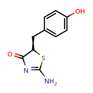 Chemical structure of 2-Amino-5-[(4-hydroxyphenyl)methylene]-4(5H)-thiazolone , CAS 299953-00-7, AChemBlock AD251604
