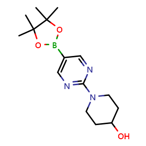 Chemical structure of 1-[5-(4,4,5,5-tetramethyl-1,3,2-dioxaborolan-2-yl)pyrimidin-2-yl]piperidin-4-ol , CAS 1202805-26-2, AChemBlock AD251612