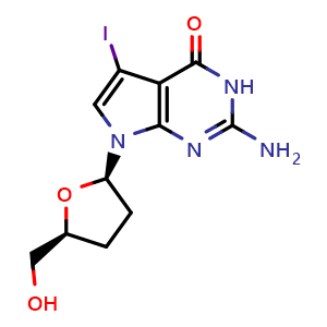 Chemical structure of 7-Iodo-2',3'-dideoxy-7-deaza-guanosine , CAS 114748-67-3, AChemBlock AD251711