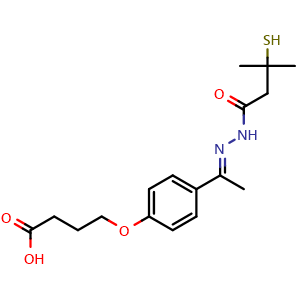 Chemical structure of (E)-4-(4-(1-(2-(3-mercapto-3-methylbutanoyl)hydrazineylidene)ethyl)phenoxy)butanoic acid , CAS 946528-65-0, AChemBlock AD251742