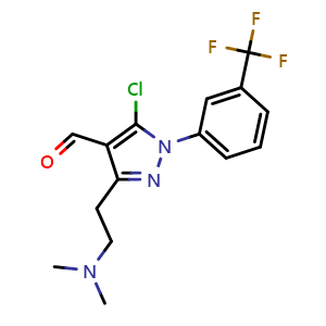Chemical structure of 5-chloro-3-[2-(dimethylamino)ethyl]-1-[3-(trifluoromethyl)phenyl]pyrazole-4-carbaldehyde , CAS 1152960-30-9, AChemBlock AD251743