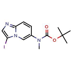 Chemical structure of 2-methylpropan-2-yl [(3-iodoimidazo[3,2-a]pyridin-6-yl)(methyl)amino]methanoate , CAS 2910928-92-4, AChemBlock AD251762