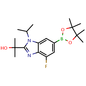 Chemical structure of 2-[4-fluoro-1-(prop-2-yl)-6-(4,4,5,5-tetramethyl-1,3,2-dioxaborolan-2-yl)benzo[d]imidazol-2-yl]propan-2-ol , CAS 2380323-08-8, AChemBlock AD251788