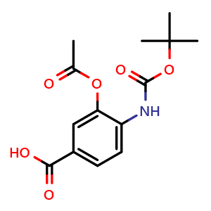 Chemical structure of 3-Acetoxy-4-(Boc-amino)benzoic acid , CAS 1629774-15-7, AChemBlock AD251796