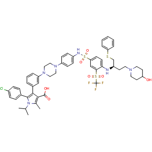 Chemical structure of (R)-5-(4-chlorophenyl)-4-(3-(4-(4-((4-((4-(4-hydroxypiperidin-1-yl)-1-(phenylthio)butan-2-yl)amino)-3-((trifluoromethyl)sulfonyl)phenyl)sulfonamido)phenyl)piperazin-1-yl)phenyl)-1-isopropyl-2-methyl-1H-pyrrole-3-carboxylic acid , CAS 1391107-57-5, AChemBlock AD251847
