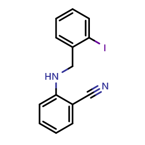 Chemical structure of 2-((2-iodobenzyl)amino)benzonitrile , CAS 2413567-16-3, AChemBlock AD251857