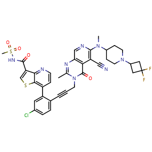 Chemical structure of 7-(5-chloro-2-(3-(5-cyano-6-((1-(3,3-difluorocyclobutyl)piperidin-4-yl)(methyl)amino)-2-methyl-4-oxopyrido[3,4-d]pyrimidin-3(4H)-yl)prop-1-yn-1-yl)phenyl)-N-(methylsulfonyl)thieno[3,2-b]pyridine-3-carboxamide , CAS 2575840-38-7, AChemBlock AD251896