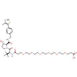 Chemical structure of (S)-24-((2S,3S)-3-hydroxy-2-((4-(4-methylthiazol-5-yl)benzyl)carbamoyl)pyrrolidine-1-carbonyl)-25,25-dimethyl-22-oxo-4,7,10,13,16,19-hexaoxa-23-azahexacosanoic acid , CAS 2361117-11-3, AChemBlock AD251907