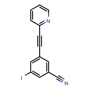 Chemical structure of 3-iodo-5-(pyridin-2-ylethynyl)benzonitrile , CAS 1312924-02-9, AChemBlock AD251909