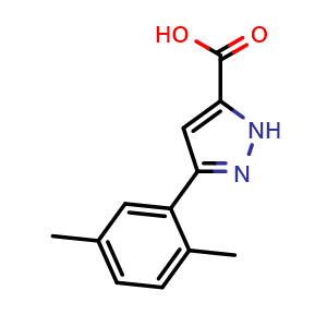 Chemical structure of 3-(2,5-Dimethylphenyl)-1H-pyrazole-5-carboxylic acid , CAS 1038829-40-1, AChemBlock AD251921