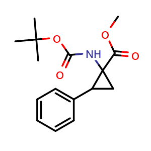 Chemical structure of methyl 1-{[(tert-butoxy)carbonyl]amino}-2-phenylcyclopropane-1-carboxylate , CAS 1824555-60-3, AChemBlock AD251980