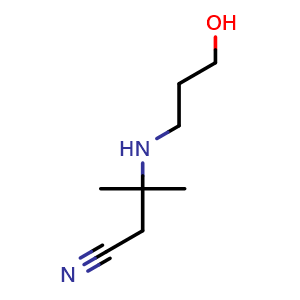 Chemical structure of 3-(3-hydroxypropylamino)-3-methylbutanenitrile , CAS 2168699-45-2, AChemBlock AD252434