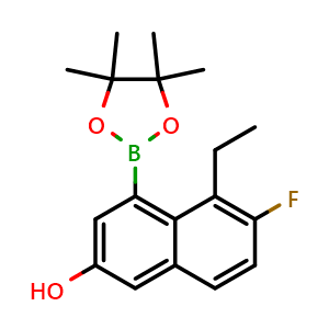 Chemical structure of 5-Ethyl-6-fluoro-4-(4,4,5,5-tetramethyl-1,3,2-dioxaborolan-2-yl)naphthalen-2-ol , CAS 2763159-04-0, AChemBlock AD253047