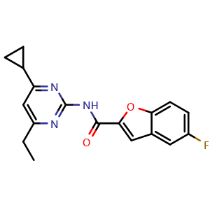 Chemical structure of N-(4-Cyclopropyl-6-ethylpyrimidin-2-yl)-5-fluorobenzofuran-2-carboxamide , CAS 2248957-98-2, AChemBlock AD253050