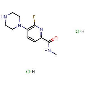 Chemical structure of 6-Fluoro-N-methyl-5-(1-piperazinyl)-2-pyridinecarboxamide dihydrochloride , CAS 2589531-86-0, AChemBlock AD253058