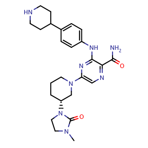Chemical structure of (R)-5-(3-(3-Methyl-2-oxoimidazolidin-1-yl)piperidin-1-yl)-3-((4-(piperidin-4-yl)phenyl)amino)pyrazine-2-carboxamide , CAS 1791402-91-9, AChemBlock AD253089