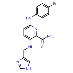 Chemical structure of 3-(((1H-Imidazol-4-yl)methyl)amino)-6-((4-bromophenyl)amino)picolinamide , CAS 3053111-26-2, AChemBlock AD253178