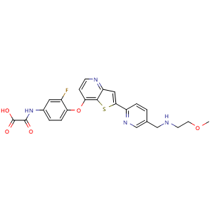 Chemical structure of 2-[[3-Fluoro-4-[[2-[5-[[(2-methoxyethyl)amino]methyl]pyridin-2-yl]thieno[3,2-b]pyridin-7-yl]oxy]phenyl]amino]-2-oxoacetic acid , AChemBlock AD253183