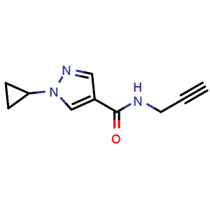 Chemical structure of 1-Cyclopropyl-N-(prop-2-yn-1-yl)-1H-pyrazole-4-carboxamide , CAS 3029269-67-5, AChemBlock AD253196