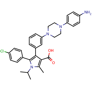 Chemical structure of 4-(3-(4-(4-aminophenyl)piperazin-1-yl)phenyl)-5-(4-chlorophenyl)-1-isopropyl-2-methyl-1H-pyrrole-3-carboxylic acid , CAS 2401875-90-7, AChemBlock AD253220
