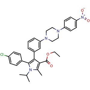 Chemical structure of ethyl 5-(4-chlorophenyl)-1-isopropyl-2-methyl-4-(3-(4-(4-nitrophenyl)piperazin-1-yl)phenyl)-1H-pyrrole-3-carboxylate , AChemBlock AD253221